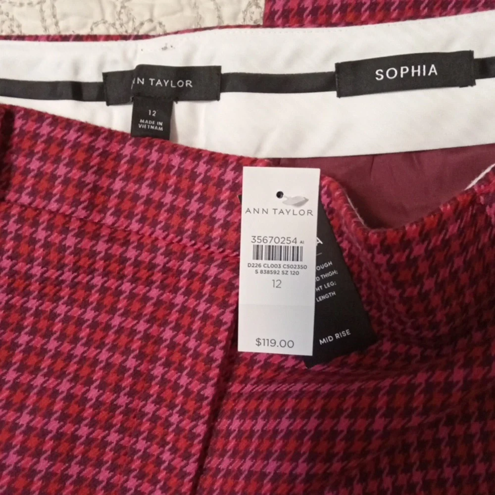 NWT! Ann Taylor Sophia Pants In Pink Houndstooth - Picture 5 of 10